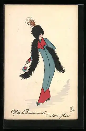 Künstler-AK sign. Bill: Mode Parisienne, Voilettes d`Hiver, gebogene Frau mit Pelzhut und Umhang