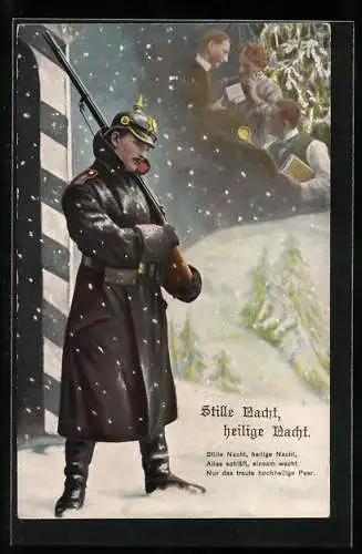 AK Stille Nacht, heilige Nacht, Soldat am Wachhäuschen bei Schnee