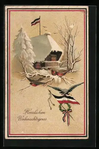 AK Haus mit Vögeln in winterlicher Landschaft, Weihnachtsgruss