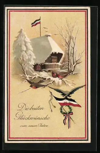 Präge-AK Haus mit Vögeln in winterlicher Landschaft, Neujahrsgruss