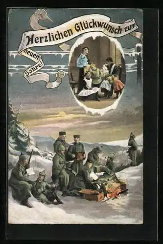 AK Kriegsneujahr, Soldaten feiern das Neujahr draussen, Frauen mit Kindern sind traurig