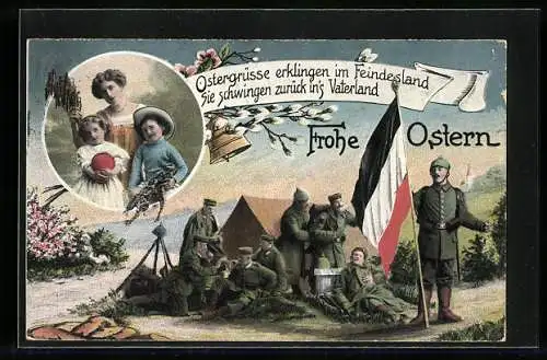 AK Soldaten mit Fahne am Zelt, Ostergruss