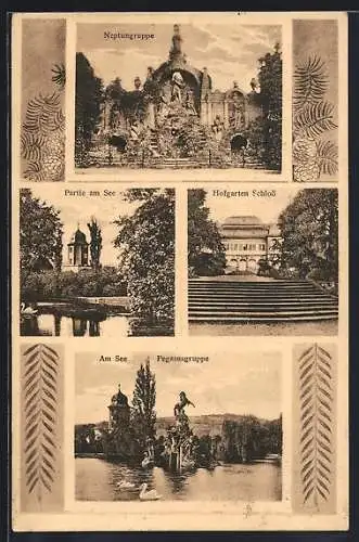 AK Veitshöchheim, Hofgarten-Schloss, Neptungruppe, Partie am See