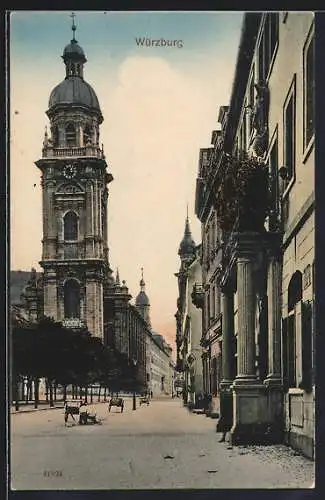 AK Würzburg, Neubaustrasse mit Kirche