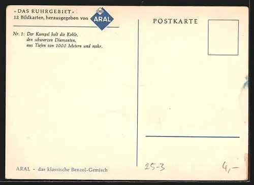 Künstler-AK Das Ruhrgebiet, Der Kumpel, Bergwerksarbeiter, Reklamekarte von Aral