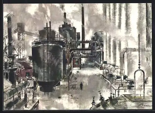 Künstler-AK Das Ruhrgebiet, Kokereien zur Benzolgewinnung, Reklamekarte von Aral