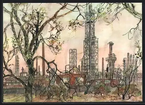 Künstler-AK Das Ruhrgebiet, Industrieanlagen an der Ruhr, Reklamekarte von Aral