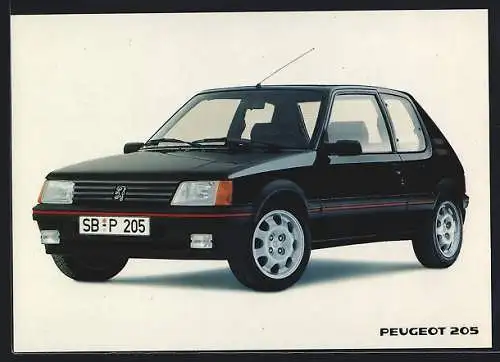 AK Auto Peugeot 205, Schwarzes Fahrzeug mit Kennzeichen SB-P 205, Reklame