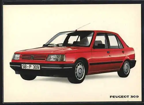 AK Auto Peugeot 309, rotes Fahrzeug mit Kennzeichen SB-P 309, Reklame