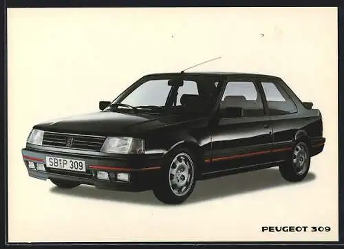 AK Auto Peugeot 309, schwarzes Fahrzeug mit Kennzeichen SB-P 309, Reklame