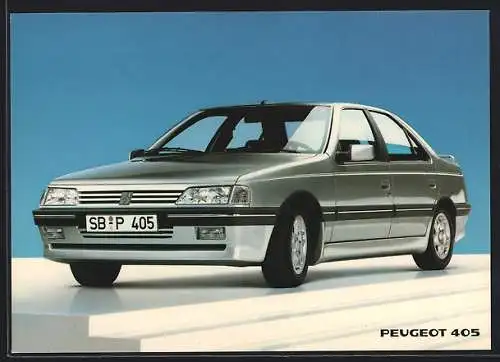 AK Auto Peugeot 405, silbernes Fahrzeug mit Kennzeichen SB-P 405, Reklame