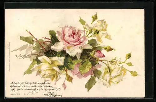 Künstler-AK Catharina Klein: Rosa und weisse Rosen mit Knospen und grünen Blättern