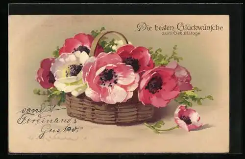 Künstler-AK Catharina Klein: Geflochtener Korb mit roten, rosa und weissen Anemonen