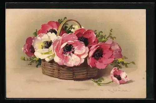 Künstler-AK Catharina Klein: Korb mit rosa und weissen Anemonen