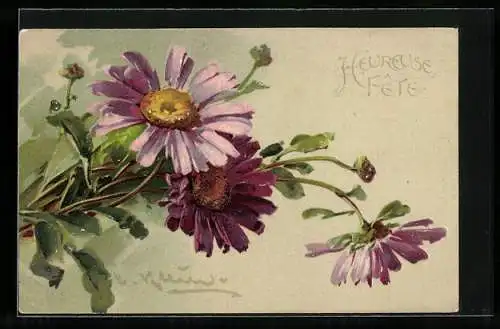 Künstler-AK Catharina Klein: Violette Blumen mit Knospen