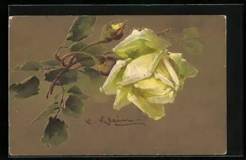 Künstler-AK Catharina Klein: Gelbe Rose mit Knospen auf goldenem Hintergrund