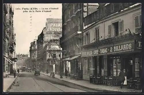 AK Paris, La Rue d`Auteuil prise de la Porte d`Auteuil, Cafe-Tabac 2 Billards