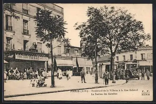 AK Paris, Boulevard de la Villette a la Rue Rebeval, Station des Autobus