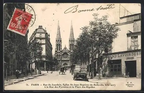 AK Paris, Église Saint-Jean-Baptiste de Belleville, la Rue des Rigolles