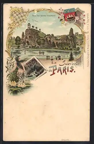 Lithographie Paris, Parc des Buttes Chaumont, Wappen und Nixe