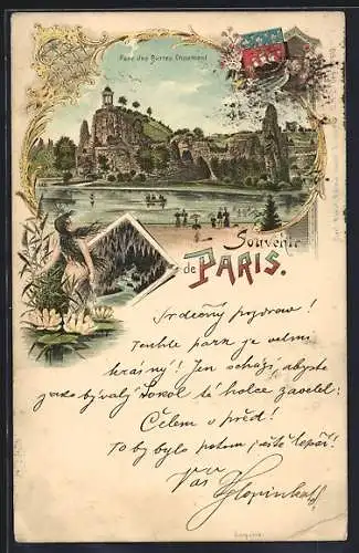 Lithographie Paris, Parc des Buttes Chaumont, Wappen und Nixe