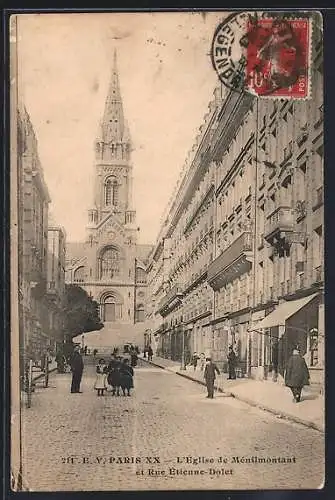 AK Paris, l`Église de Ménilmontant et Rue Étienne-Dolet