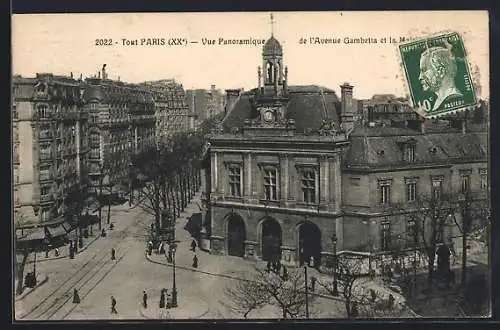 AK Paris, Vue panoramique de l'Avenue Gambetta et la Mairie