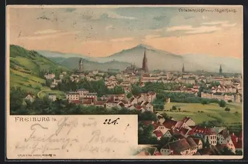 Lithographie Freiburg i. B., Ortsansicht mit Kirche vom Jägerhaus gesehen