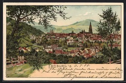 Lithographie Freiburg / Breisgau, Ortsansicht mit Münster