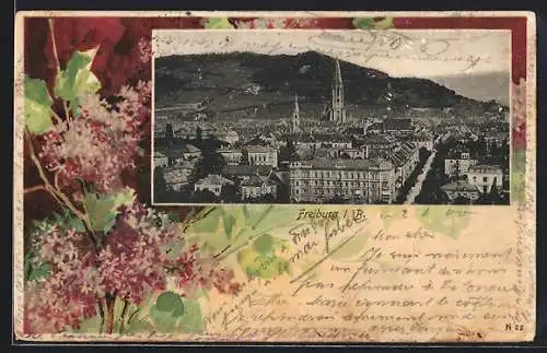 Passepartout-Lithographie Freiburg i. B., Teilansicht, Flieder