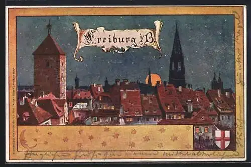 Lithographie Freiburg i. B., Teilansicht mit Kirche bei Mondschein