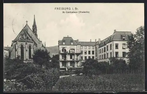 AK Freiburg i. Br., Blick zum St. Carolushaus (Wetseite)