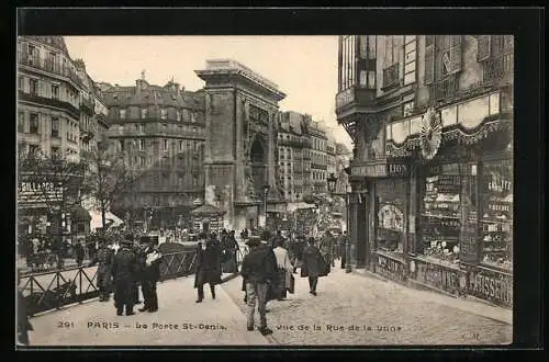 AK Paris, La Porte St.Denis, vue de la rue de la Lune