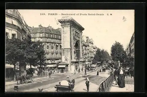 AK Paris, boulevard et Porte Saint-Denis