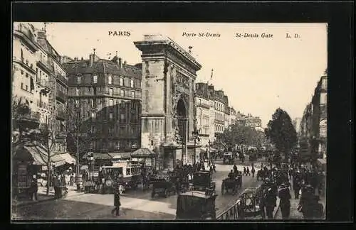 AK Paris X, Porte St-Denis mit Autos, Kutschen und Bus davor