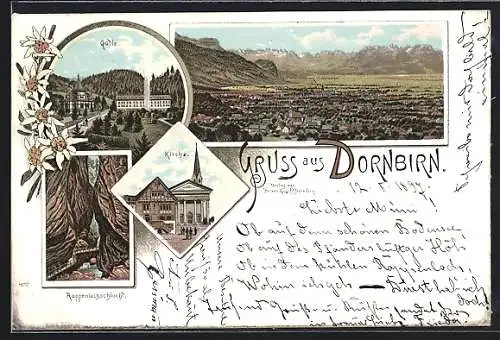 Lithographie Dornbirn, Kirche, Rappenlochschlucht und Ortsansicht