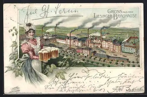 Lithographie Wien, Liesinger Brauhaus aus der Vogelschau, Wirtin mit Biergläsern