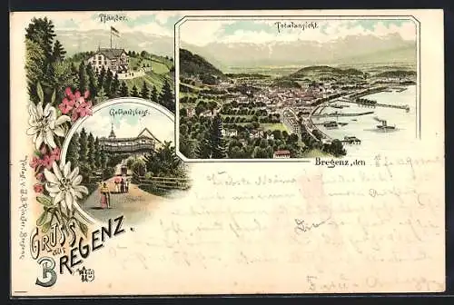 Lithographie Bregenz, Kloster Gebhardsberg, Pfänder und Gesamtansicht