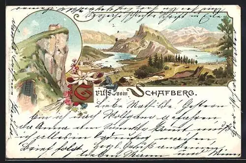 Lithographie Schafberg, Häuschen auf steiler Berginsel