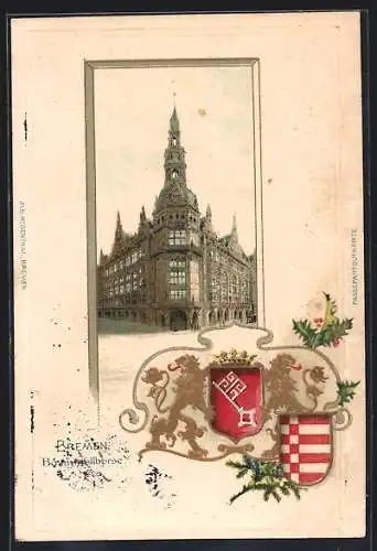 Passepartout-Lithographie Bremen, Frontalansicht der Baumwollbörse, Wappen