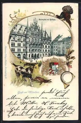 Passepartout-Lithographie München-Au, Marienplatz mit Rathaus, Wappen und Jagdhund mit Beute