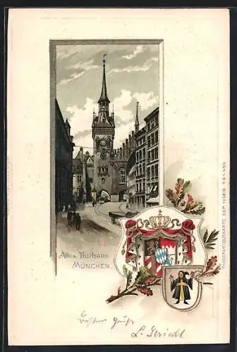 Passepartout-Lithographie München-Au, Altes Rathaus, Wappen, Strassenbahn