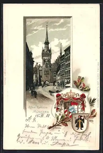 Passepartout-Lithographie München-Au, Altes Rathaus, Wappen, Strassenbahn