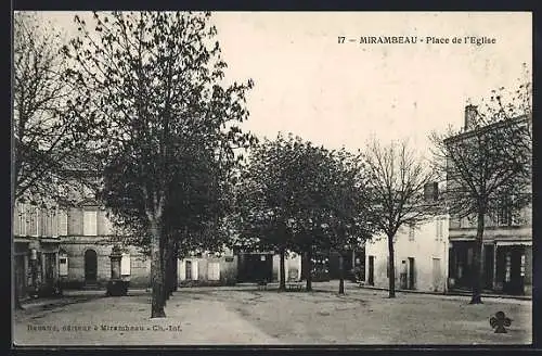 AK Mirambeau, Place de l`Église avec arbres et bâtiments environnants