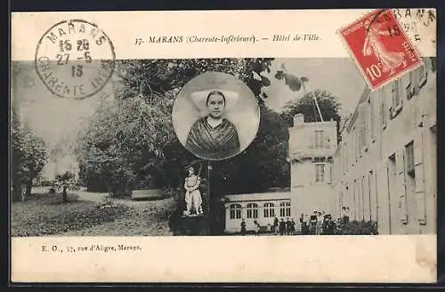 AK Marans, Hôtel de Ville avec portrait et statue sur la place