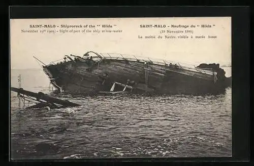 AK Saint-Malo, Naufrage du Hilda, la moitié du Navire visible à marée basse