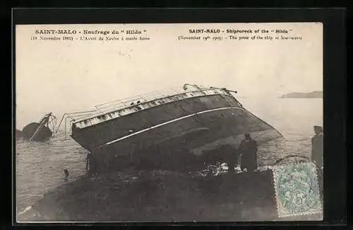 AK Saint-Malo, Naufrage du Hilda, l`Avant du Navire à maré basse