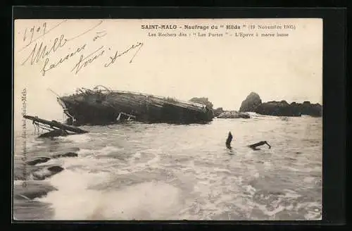 AK Saint-Malo, Naufrage du Hilda, Les Rochers dits Les Portes, l`Epave à marée basse