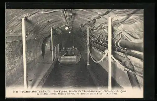 AK Paris-Souterrain, Les Egouts, Service de l`assainissement, Collecteur du Quai de la Mégisserie, Bateau servant...