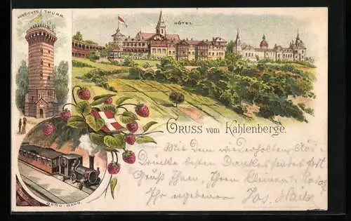 Lithographie Wien-Kahlenberg, Aussichtsthurm, Berg-Bahn, Hotel